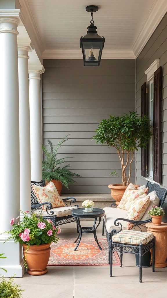 Cozy seating arrangement on a front porch with chairs, a table, and plants.
