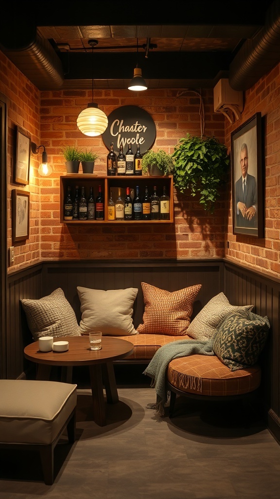 A cozy basement bar seating nook featuring soft pillows, low table, and drinks on a shelf.
