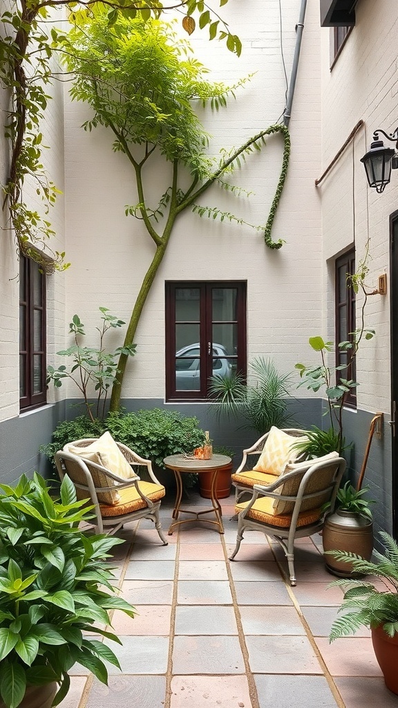 Cozy seating nook in a small courtyard with two chairs, a small table, and greenery.