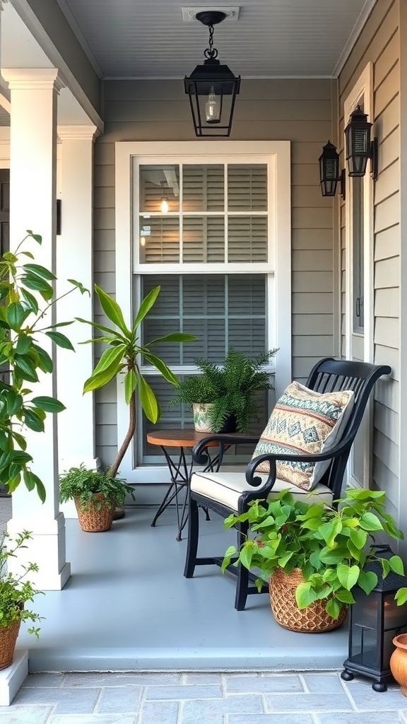 Cozy seating nook on a tiny front porch with plants and lanterns