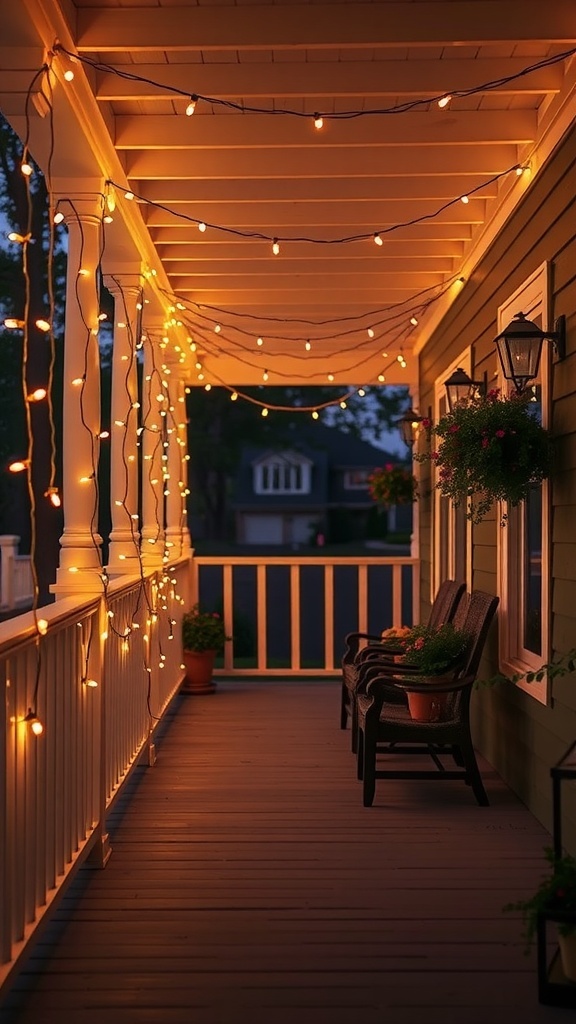 A cozy porch decorated with string lights, showcasing a warm and inviting atmosphere.