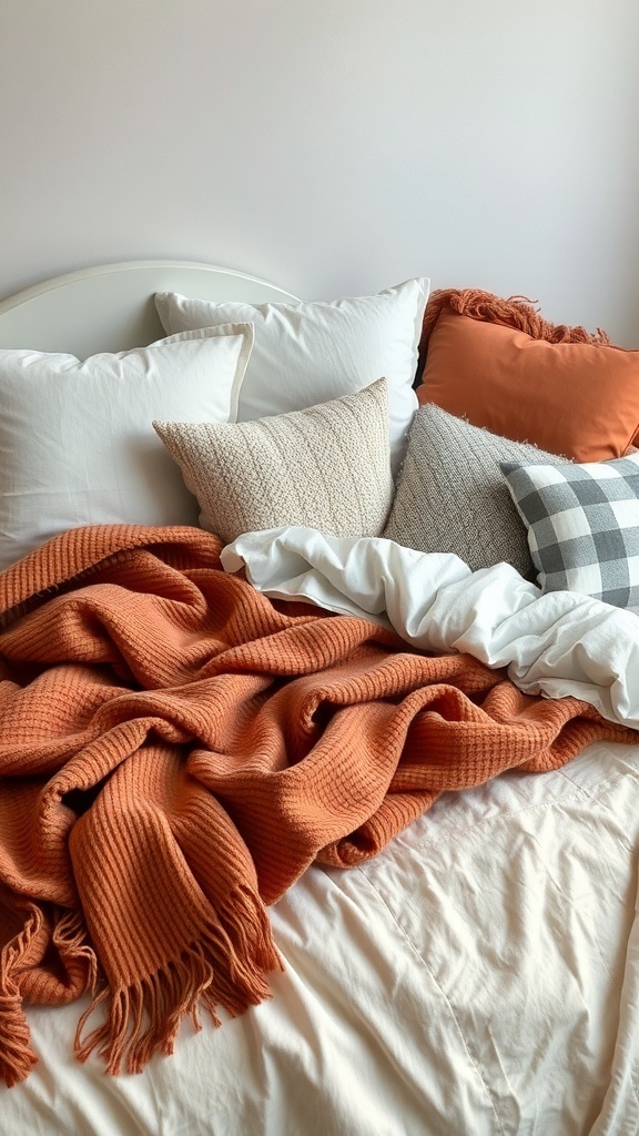 A cozy bed with a mix of orange and neutral pillows and blankets, creating a warm aesthetic.