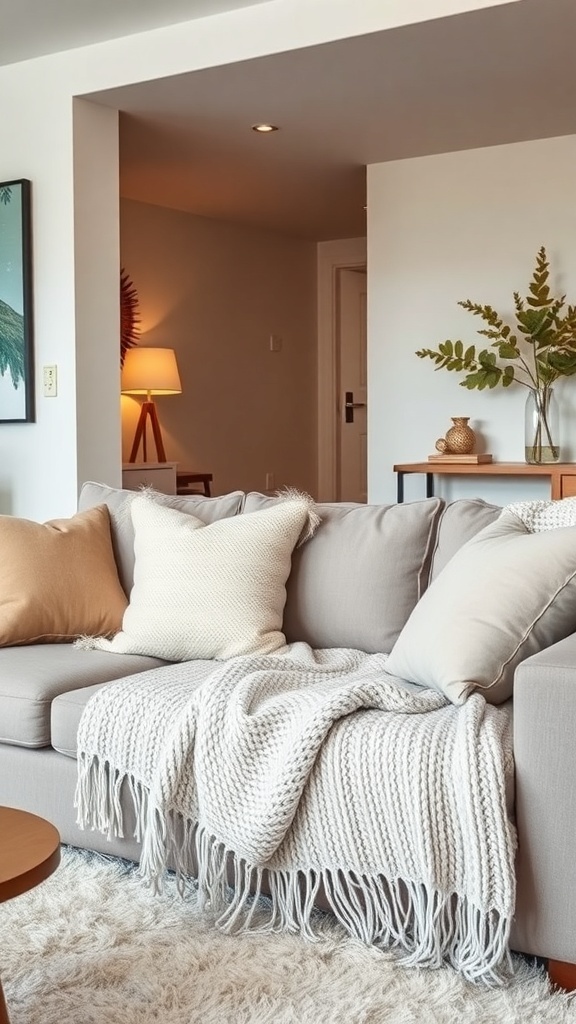 A cozy living room with a grey sofa, soft pillows, and a chunky knit throw blanket.