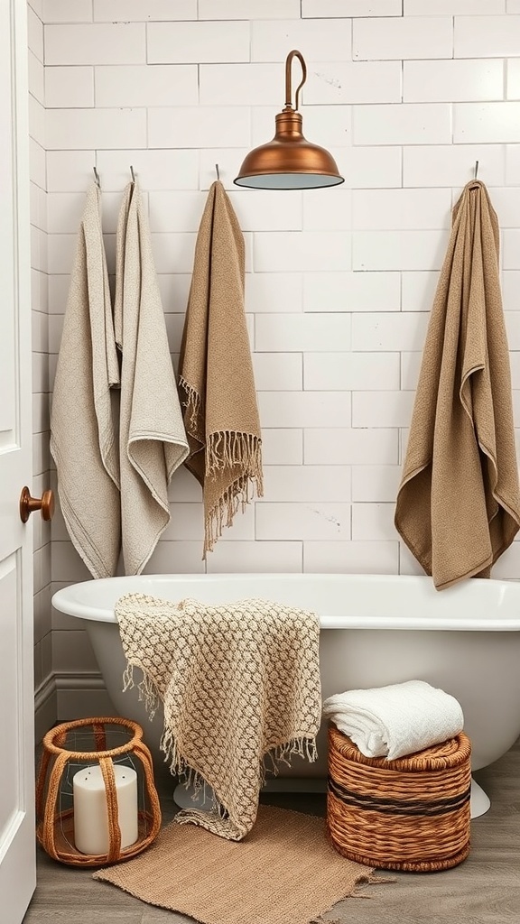A cozy farmhouse bathroom featuring soft towels, a woven blanket, and natural storage baskets.