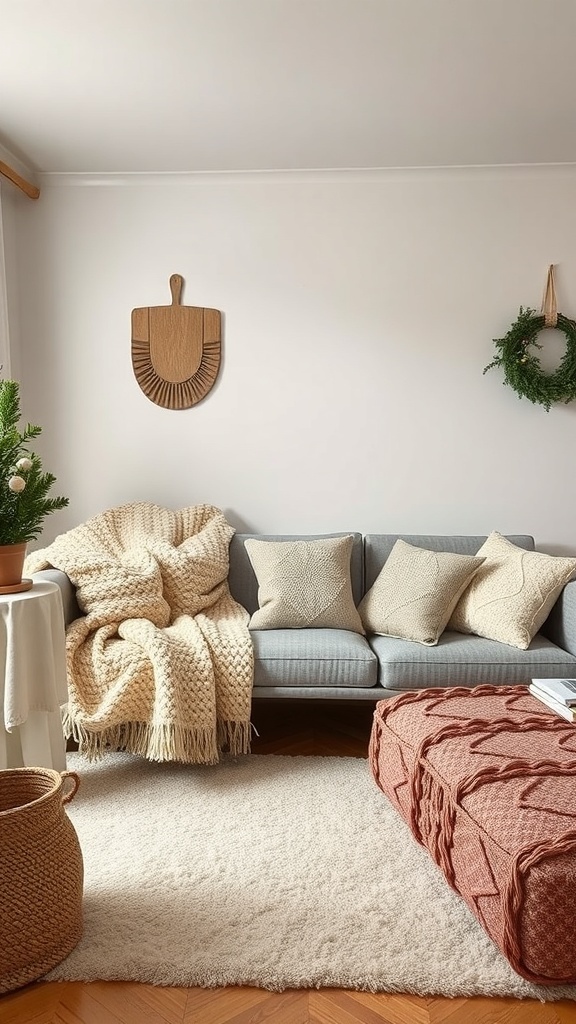 A cozy living room with a soft blanket on a couch, decorative pillows, and a warm rug.