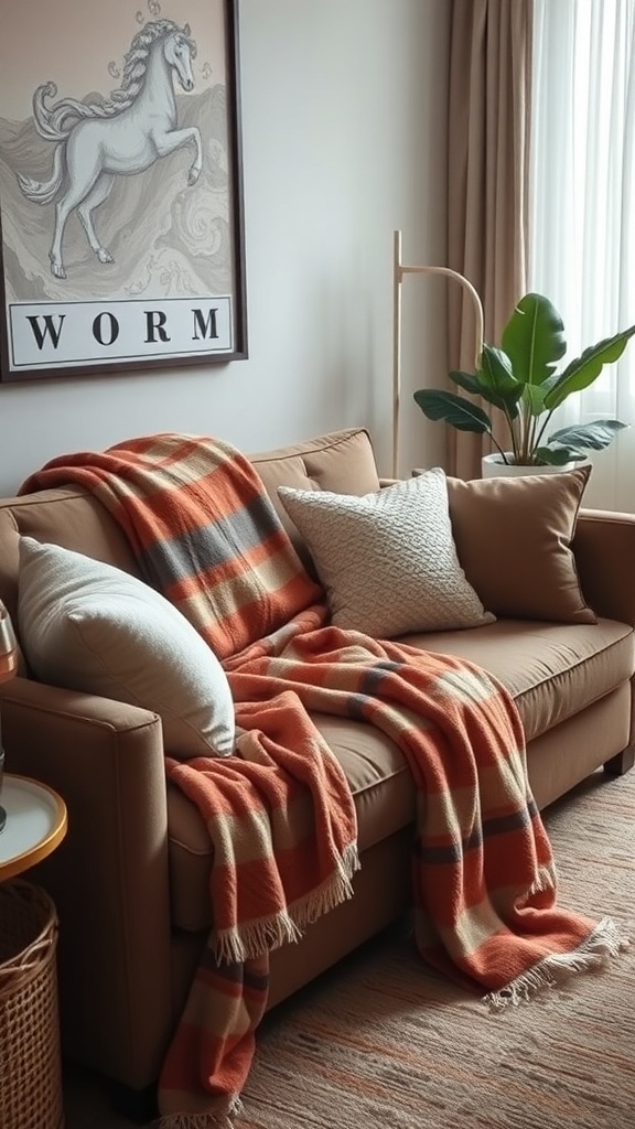 A cozy living room with a brown sofa, plaid throw blanket, and decorative pillows.