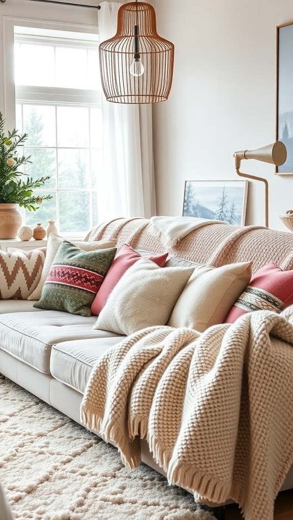 Cozy living room with a white sofa, colorful pillows, and a chunky knit throw