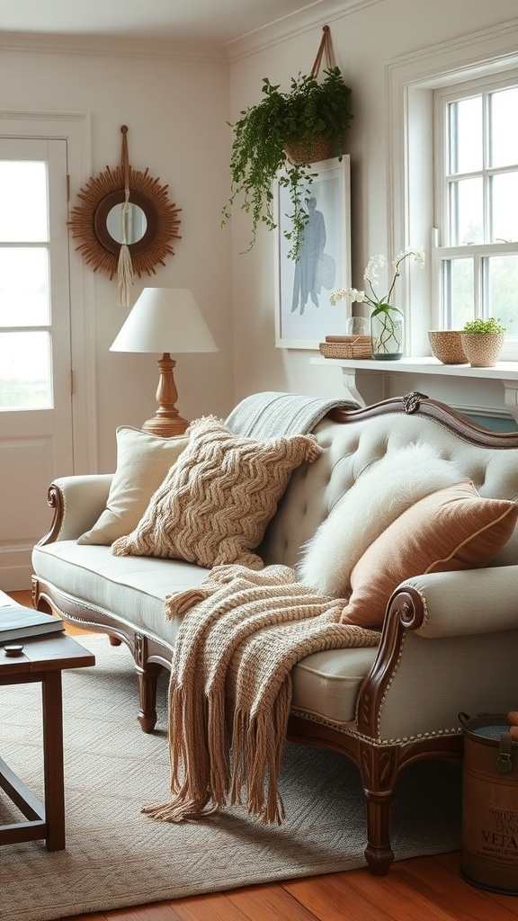 Cozy cottage living room with a tufted sofa, knitted throw pillows, and a warm color palette.
