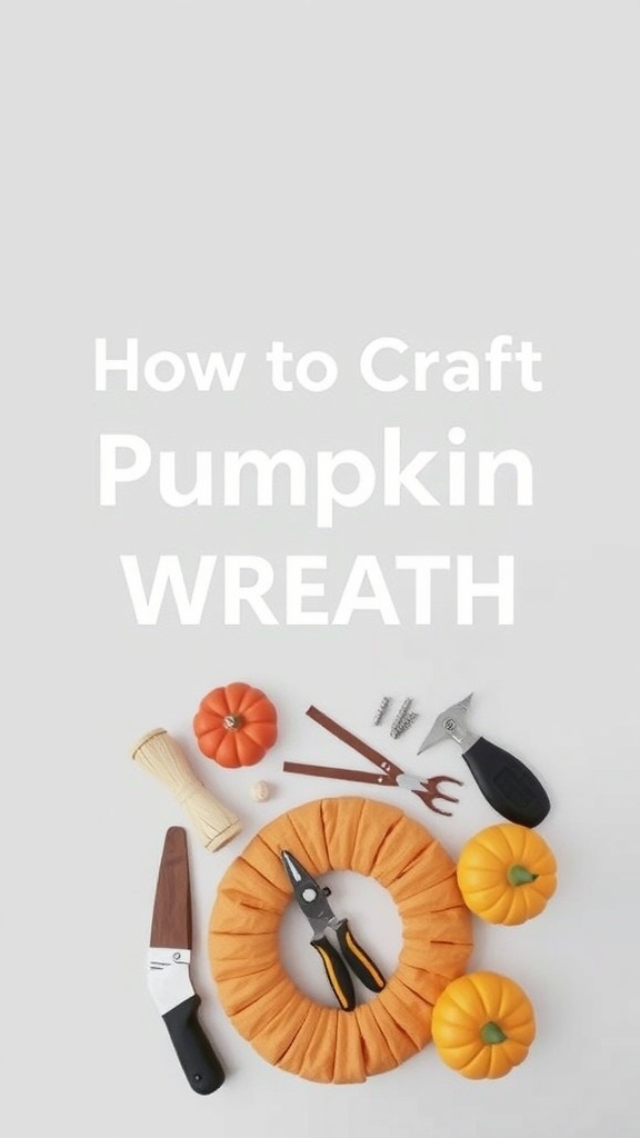 Crafting supplies for a pumpkin wreath including pumpkins, foam wreath base, tools, and fabric.