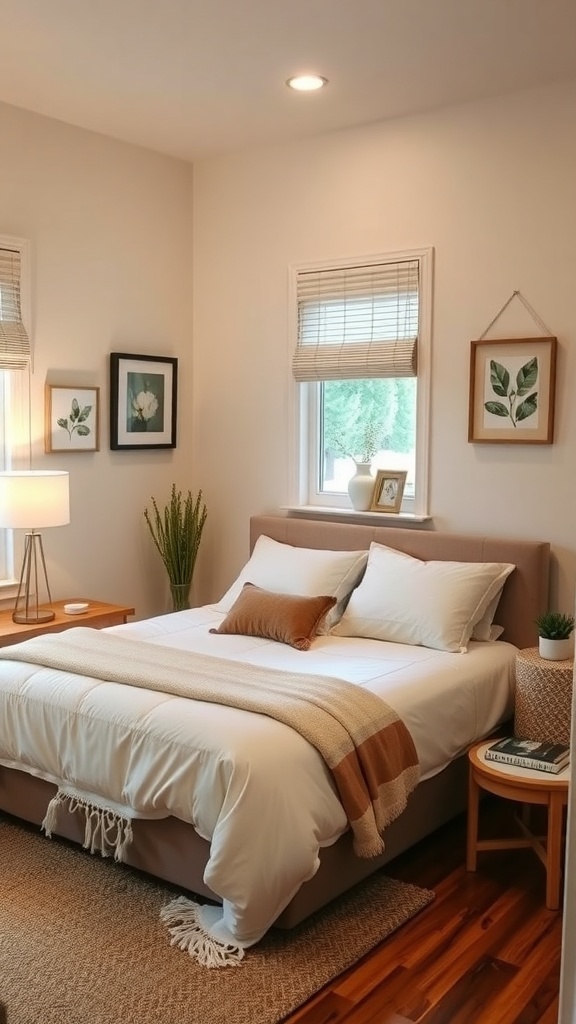 A cozy multi-purpose guest room featuring a comfortable bed, warm blankets, and decorative elements.