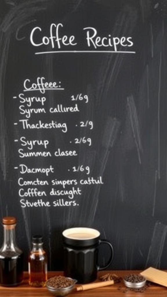 Pizarra con recetas de café y una taza de café caliente