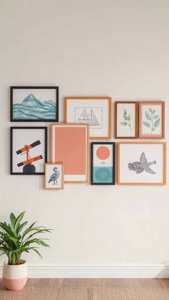 A gallery wall featuring various framed artworks in different styles and colors.