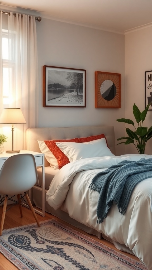 A cozy office guest room combo featuring a bed, desk, and decorative elements.