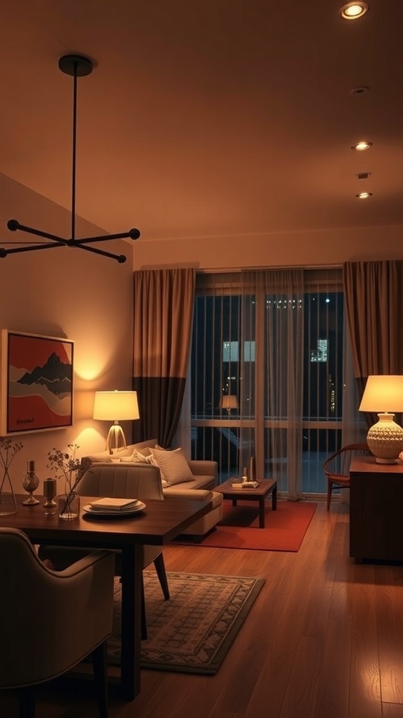 A cozy living room and dining area with soft lighting, showcasing a warm atmosphere.
