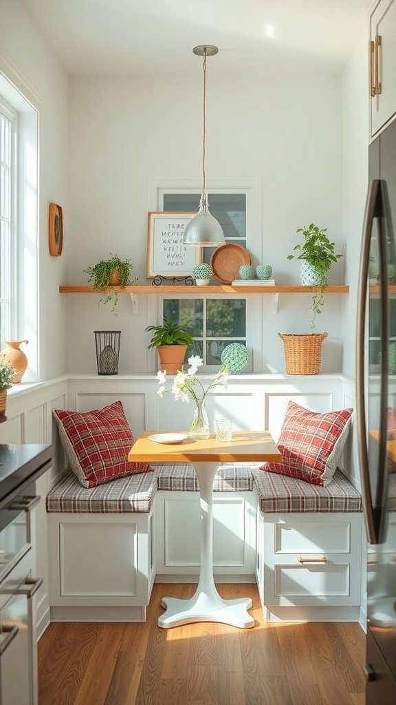 Cozy breakfast nook with built-in seating, plaid cushions, and a small table, surrounded by plants and natural light.