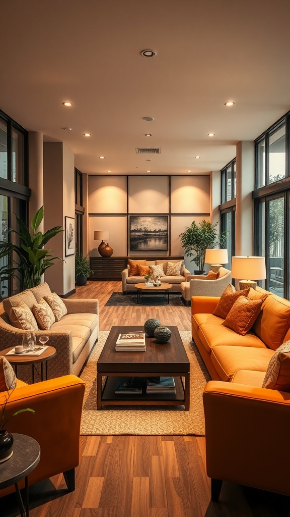 Long living room with a cozy conversation area featuring stylish furniture.