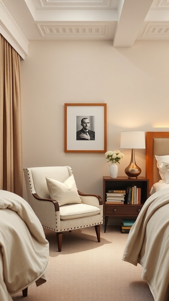 Cozy reading nook in a master bedroom with a comfortable chair, side table, lamp, and framed photo.
