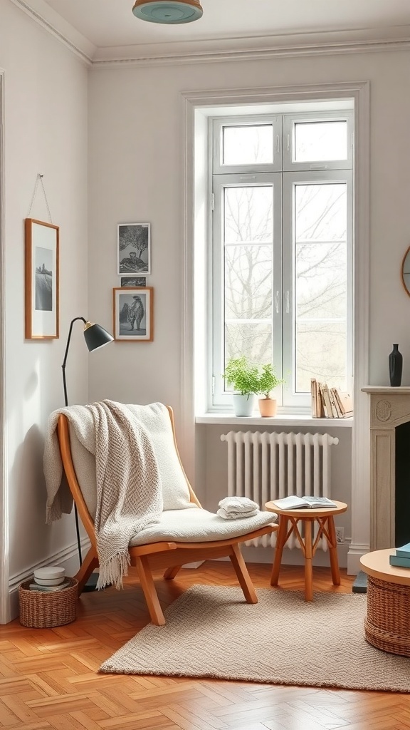 Cozy reading nook in a Scandinavian style living room with a chair, blanket, and indoor plants.