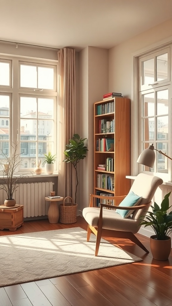 A cozy reading nook with a comfortable chair, bookshelves, and natural light from large windows.