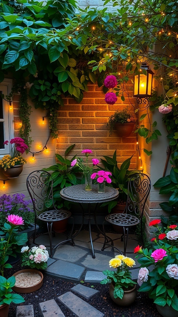 A cozy seating area in a small garden with a table, chairs, flowers, and soft lighting.