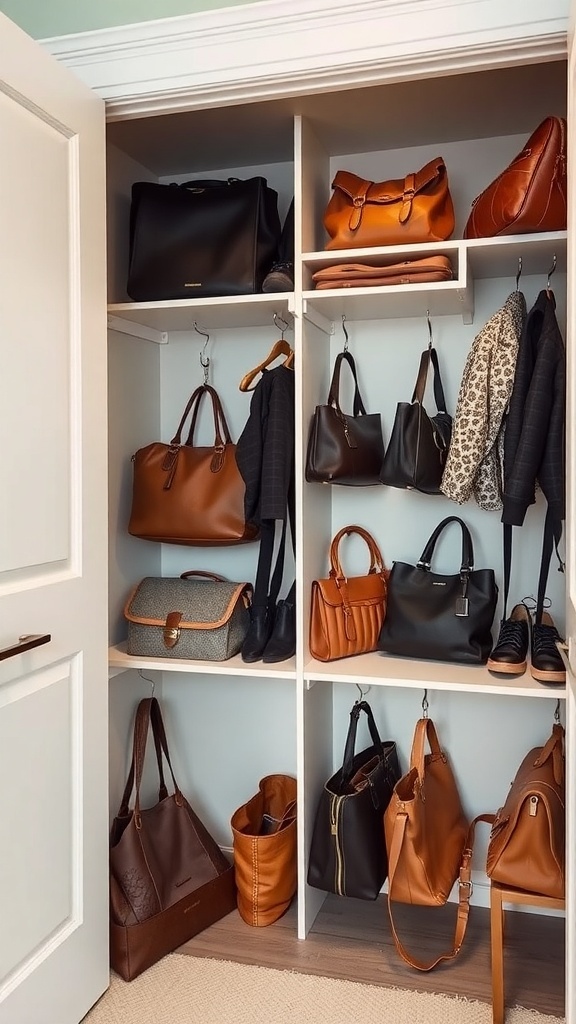 Organized closet space with various bags and purses neatly arranged on shelves and hooks.