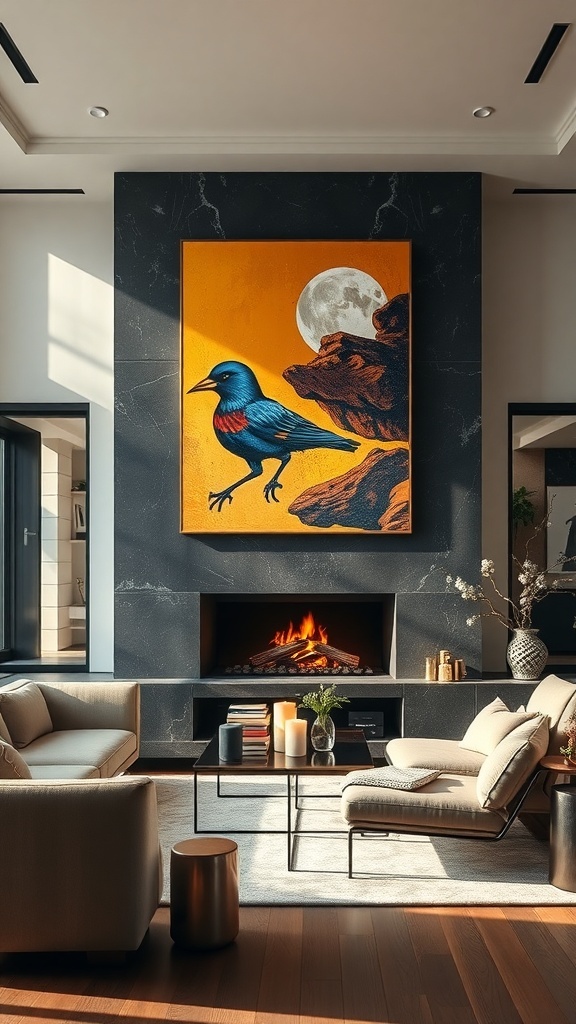Living room with a vibrant bird painting above the fireplace, showcasing a modern and cozy decor.