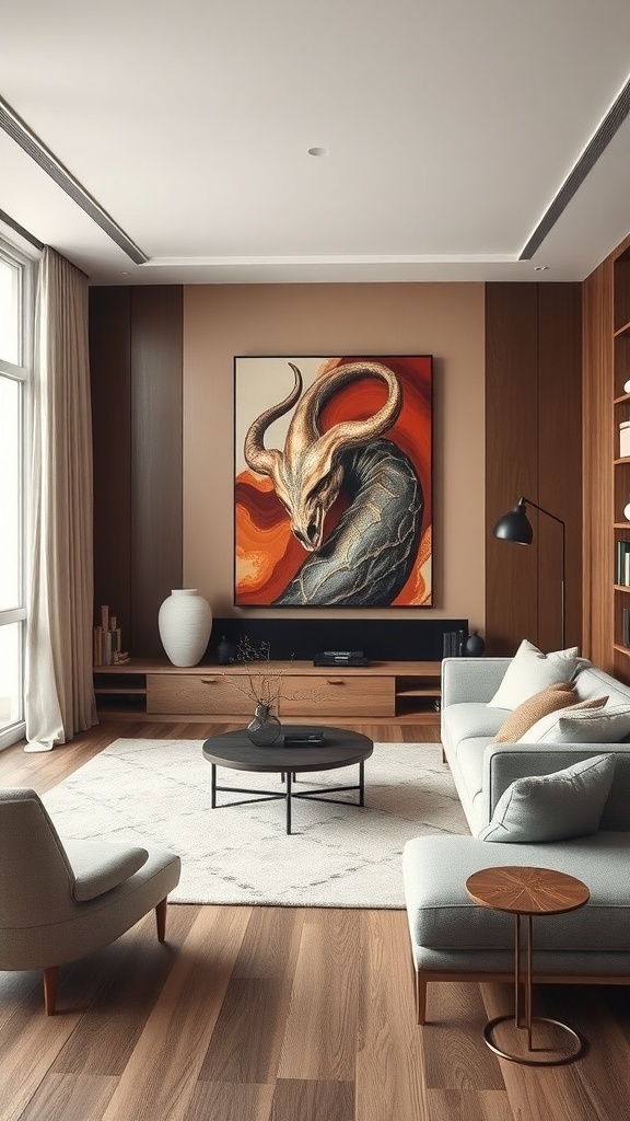 A modern living room featuring a large statement art piece on the wall, with a stylish sofa and coffee table.
