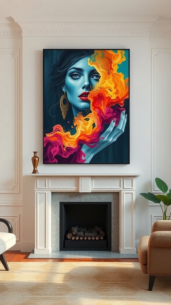 A colorful artwork of a woman with flames, displayed above a fireplace in a cozy living room.