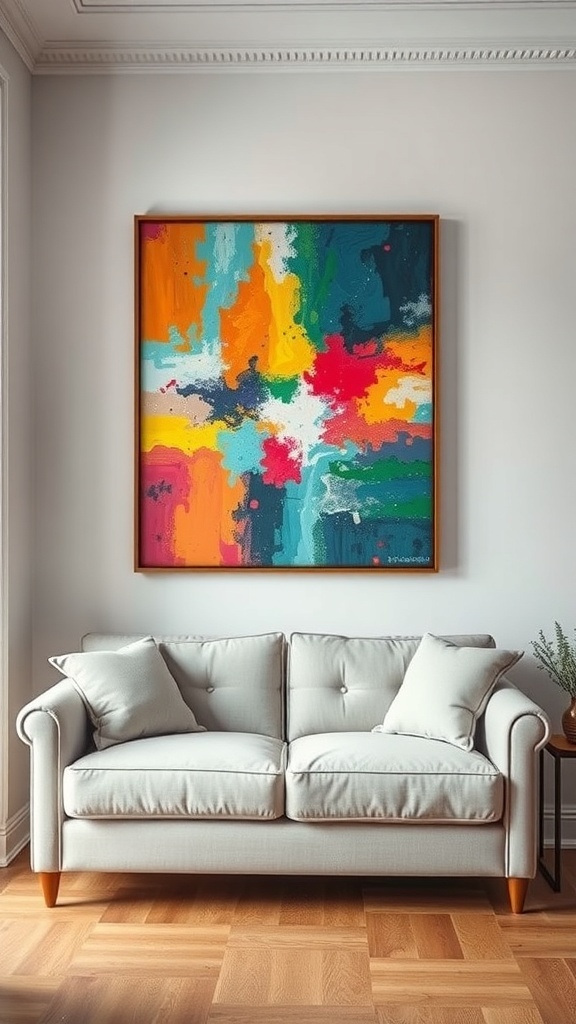A colorful abstract artwork hung above a light gray sofa in a small sitting room.