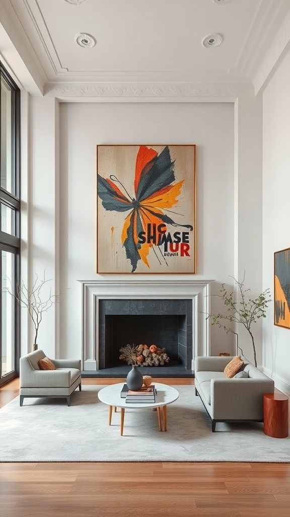 A bright and bold artwork hangs above a cozy fireplace in a modern living room.