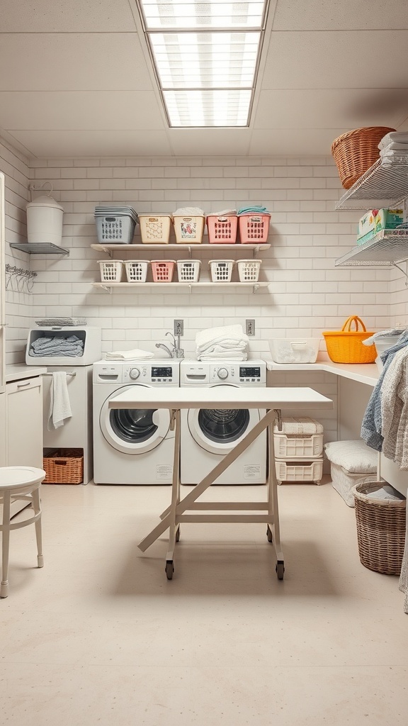 Bright and organized laundry room with a folding table, washing machines, and colorful storage baskets.