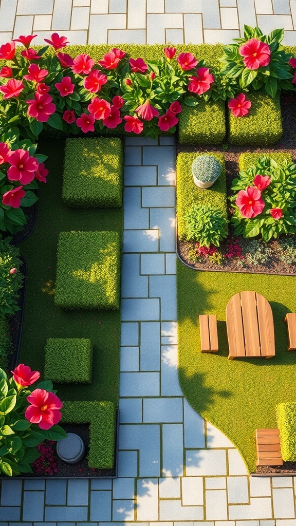 A beautifully designed garden featuring vibrant red hibiscus flowers, neatly trimmed hedges, and wooden seating areas.