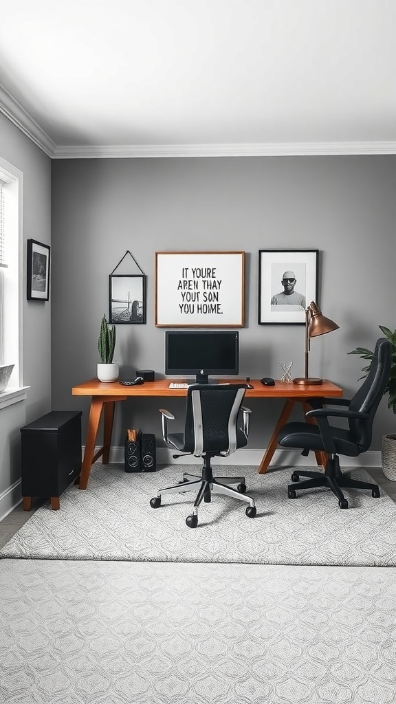 A stylish home office setup in a bonus room featuring a modern desk, ergonomic chair, and framed artwork.