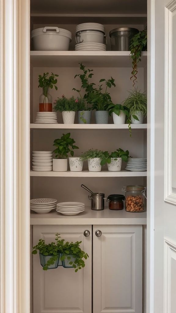 A corner pantry with herb plants in white pots, shelves with plates, and jars, creating a small garden feel.