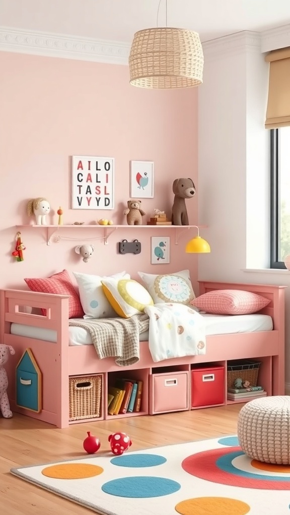 A playful kids bed made from Kallax with colorful cushions and storage.