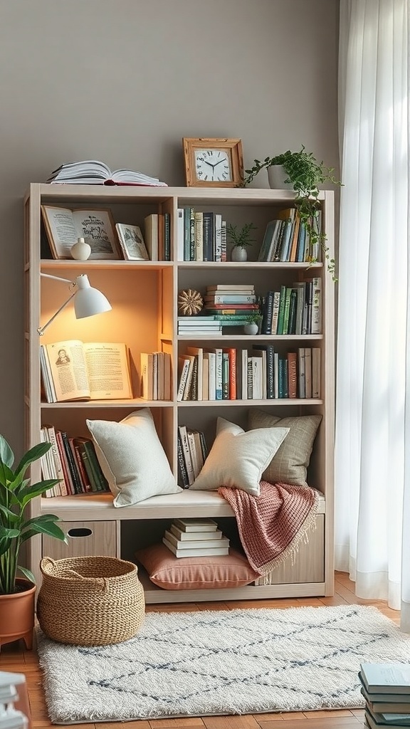 A cozy reading nook created with an Ikea Kallax unit, featuring cushions, a warm throw, and a stylish lamp.