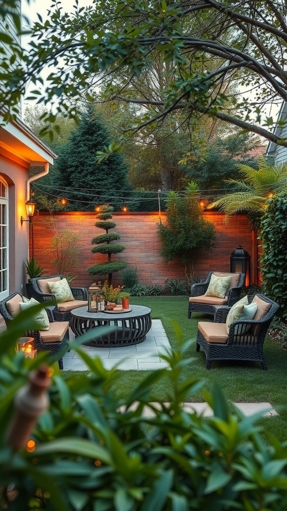 A cozy backyard seating area with comfortable chairs, a round table, and soft lighting surrounded by greenery.