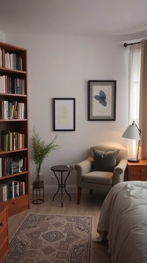 Cozy reading nook with a chair, bookshelf, and warm lighting in a classy bedroom.