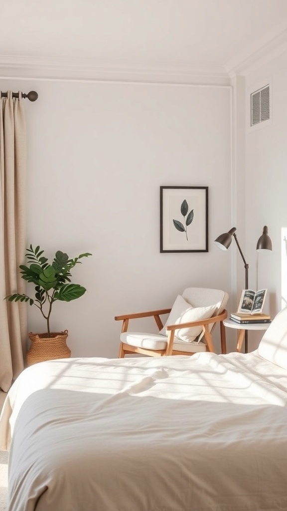 A serene reading nook featuring a cozy chair, small side table, lamp, and plant in a neutral bedroom.