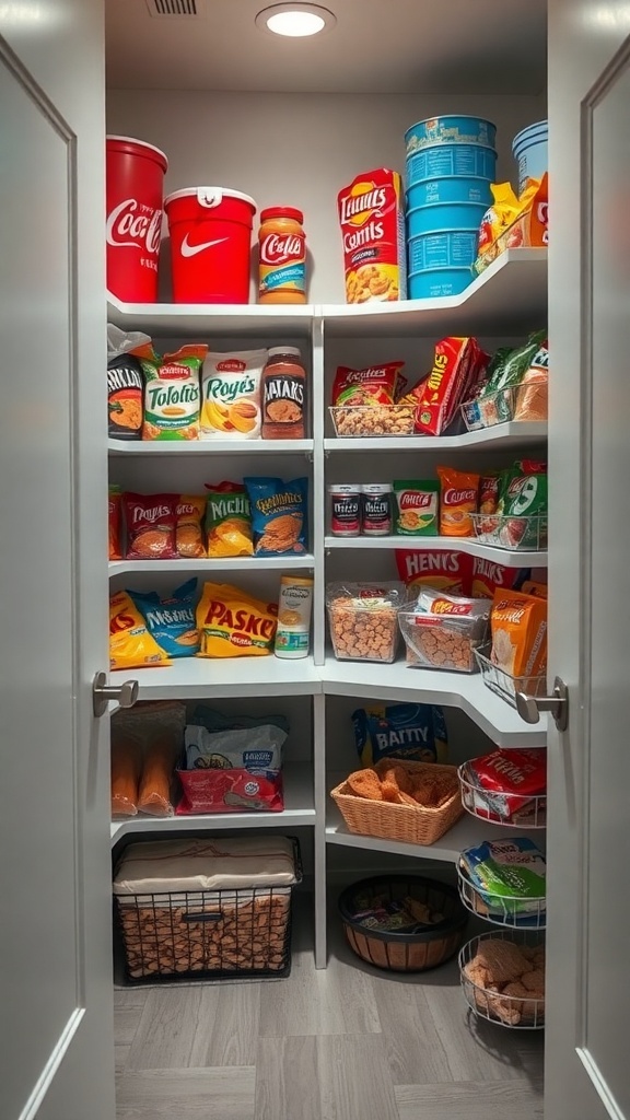 Well-organized small corner pantry filled with snacks and treats.