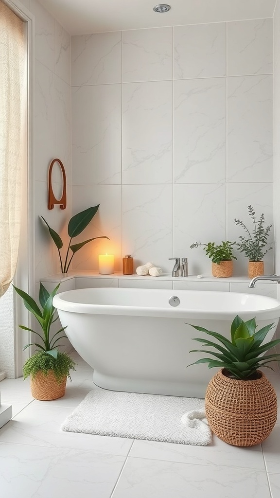 A modern bathroom featuring a white bathtub, plants, candles, and soft lighting.