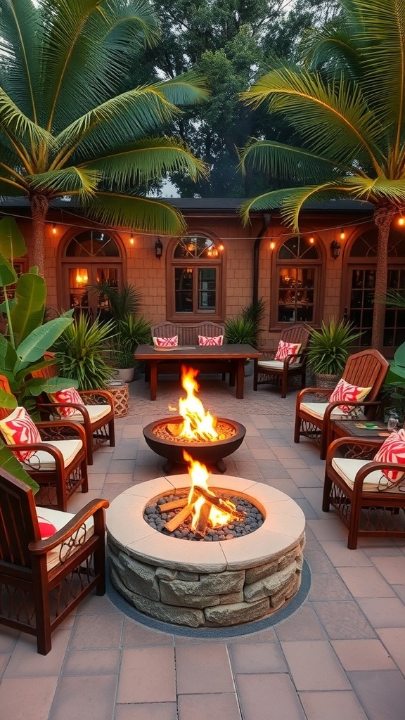 Cozy backyard fire pit area with seating and tropical plants