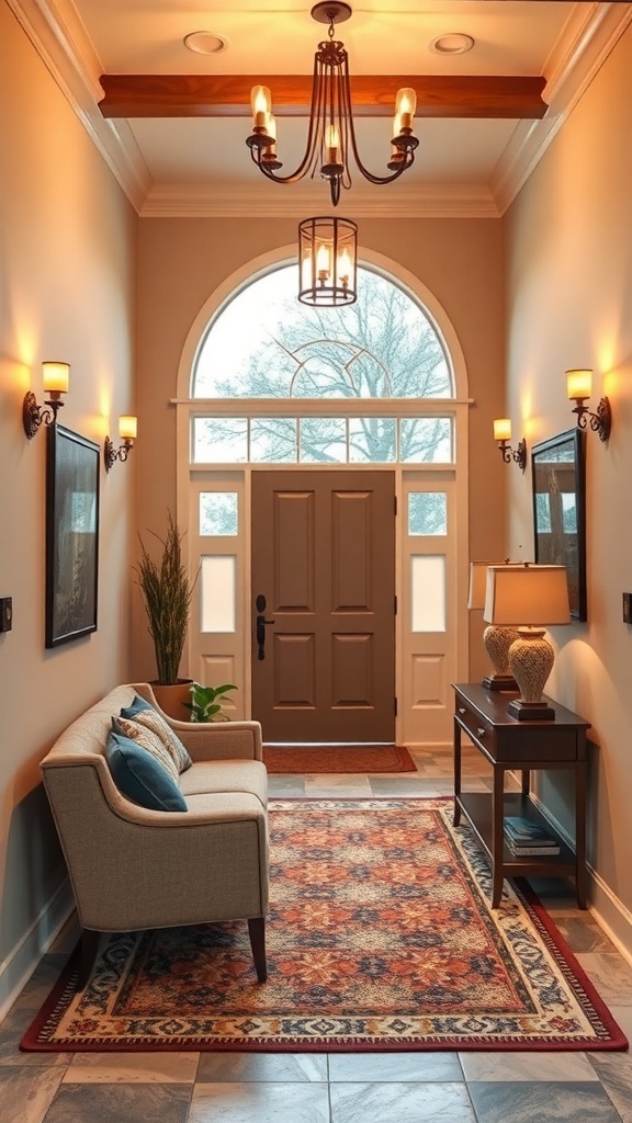 A welcoming entry foyer with a chandelier, sofa, and decorative elements.
