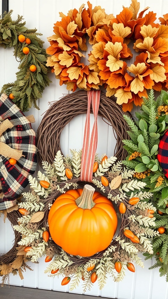 A wall display featuring different seasonal wreaths, including an autumn pumpkin wreath with orange leaves and decorations.
