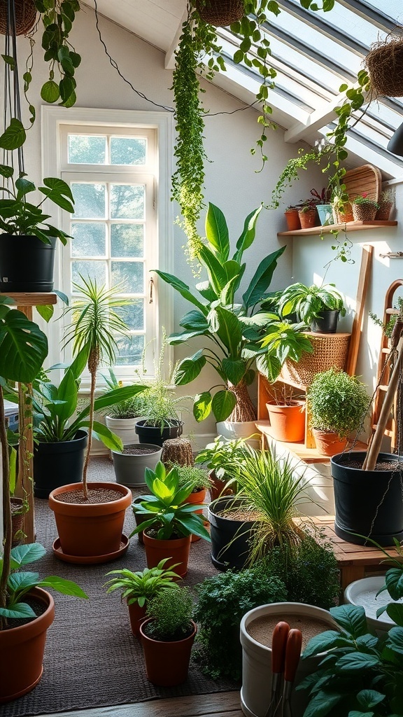 Indoor garden filled with various houseplants and bright sunlight