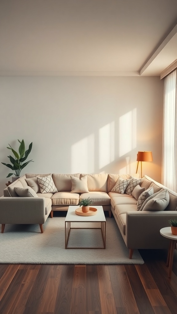 A cozy sectional living room with soft lighting, plants, and a coffee table.
