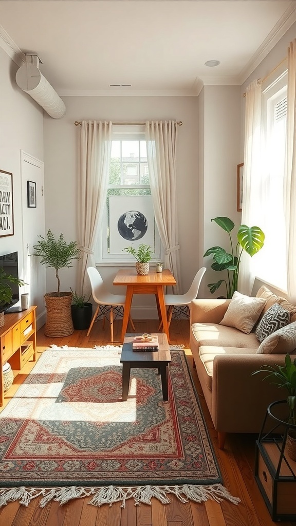A cozy studio apartment featuring a distinct area rug that separates the living and dining spaces.