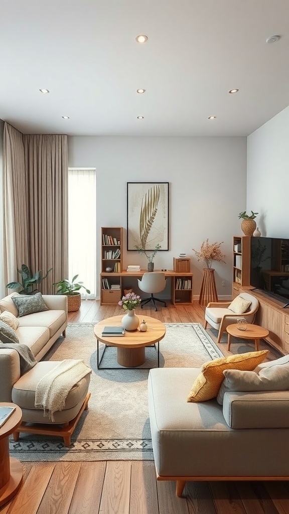 A cozy living room with a comfortable layout, featuring seating areas and a workspace.