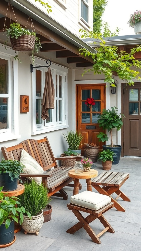 A cozy outdoor patio with wooden furniture and various potted plants.