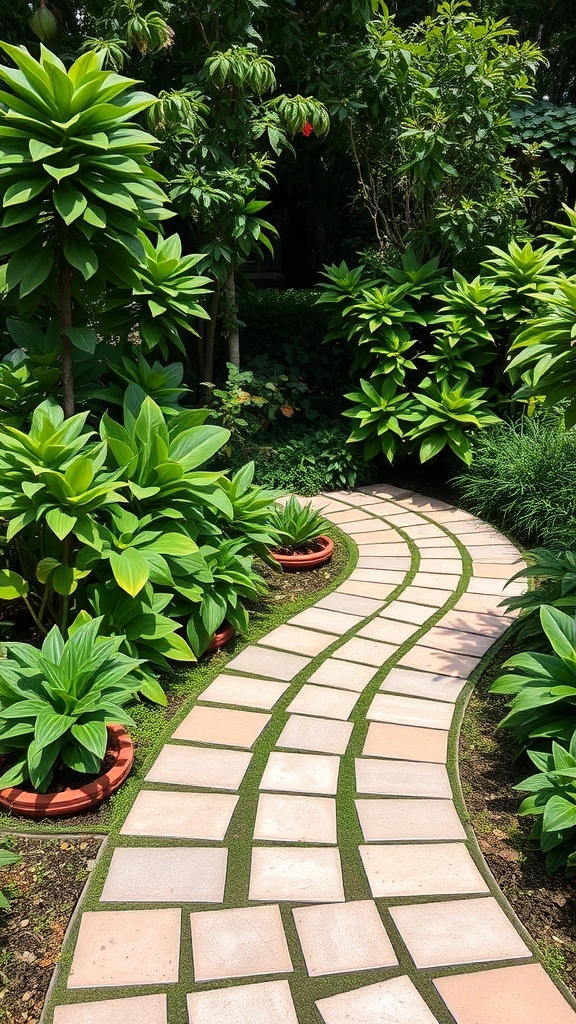 Winding pathway made of light-colored pavers surrounded by lush green plants in a garden.